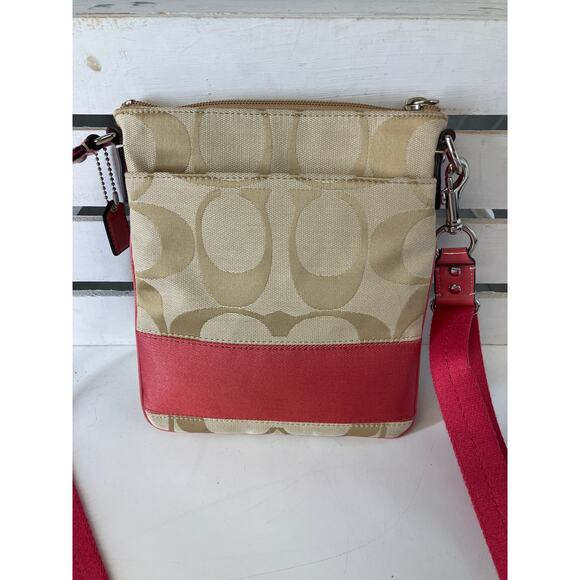 COACH SMALL TAN, PINK SIGNATURE CANVAS WOMENS CROSSBODY BAG - Picture 4 of 16